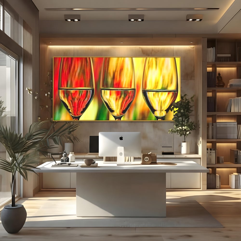 Tablou canvas cu pictura abstracta cu trei pahare de vin, in rama de aluminiu auriu, pe perete intr-un birou